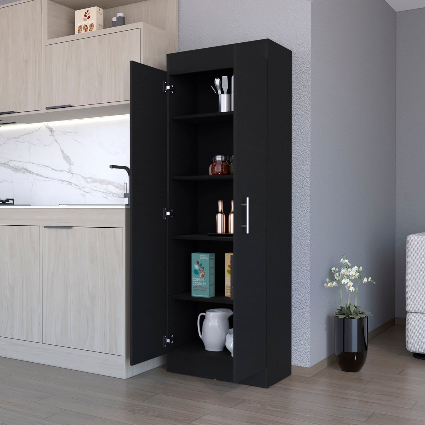 Black tall pantry cabinet with open doors showcasing kitchen essentials