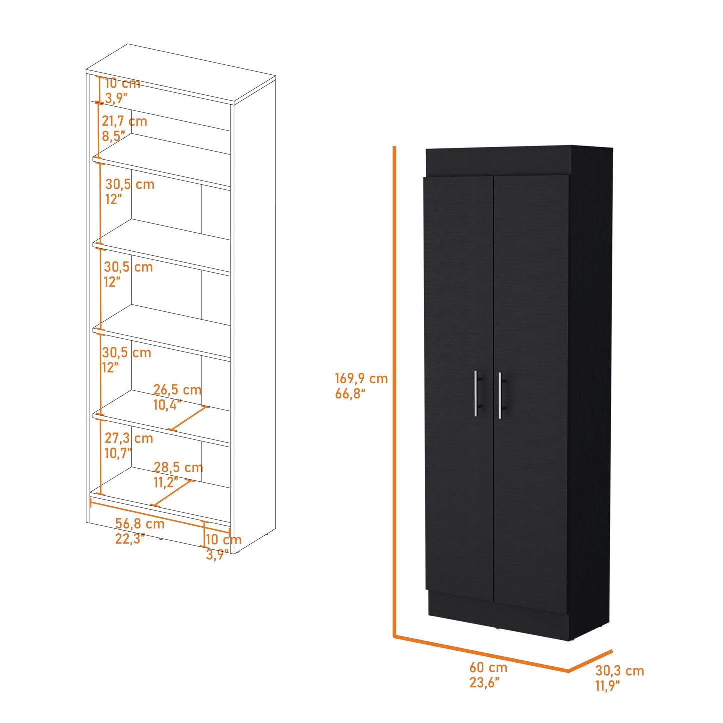 Tall black wardrobe with two doors and silver handles