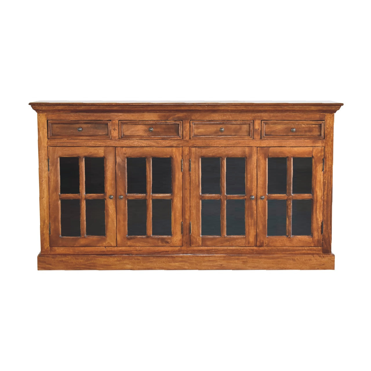 Rustic oak wood sideboard with four glasspaneled doors and four drawers