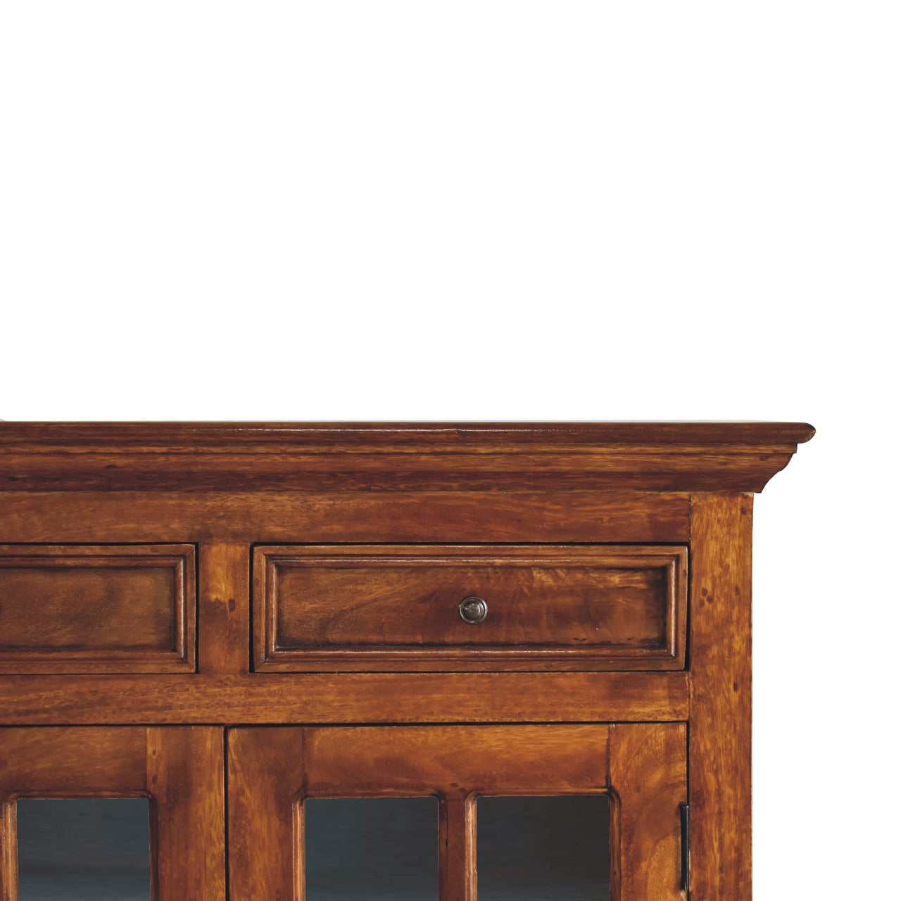 Warm oak wood sideboard with two drawers and glasspaneled doors