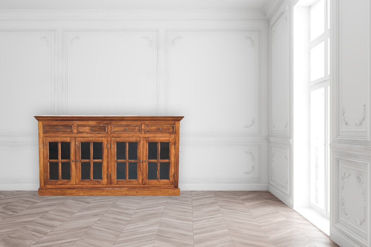 Elegant wooden buffet with glass doors and drawers