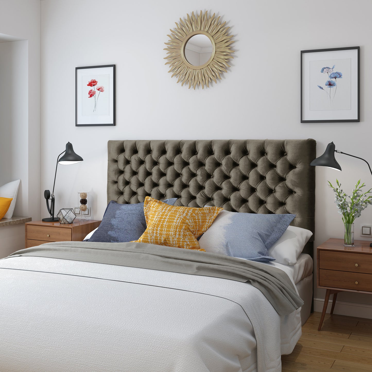 Tufted charcoal grey velvet headboard with diamond button tufting for a luxurious bedroom