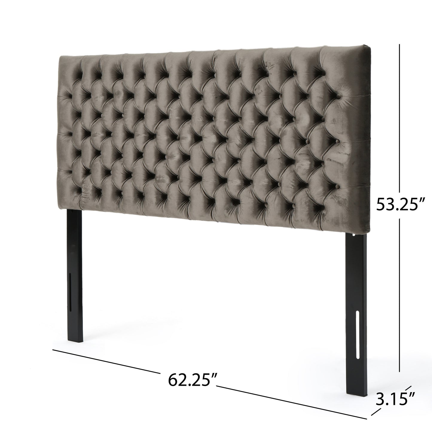 Grey velvet tufted headboard with black metal legs