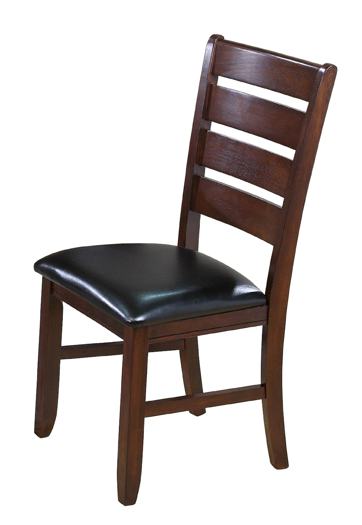 Dark walnut wooden dining chair with black faux leather seat and slatted back
