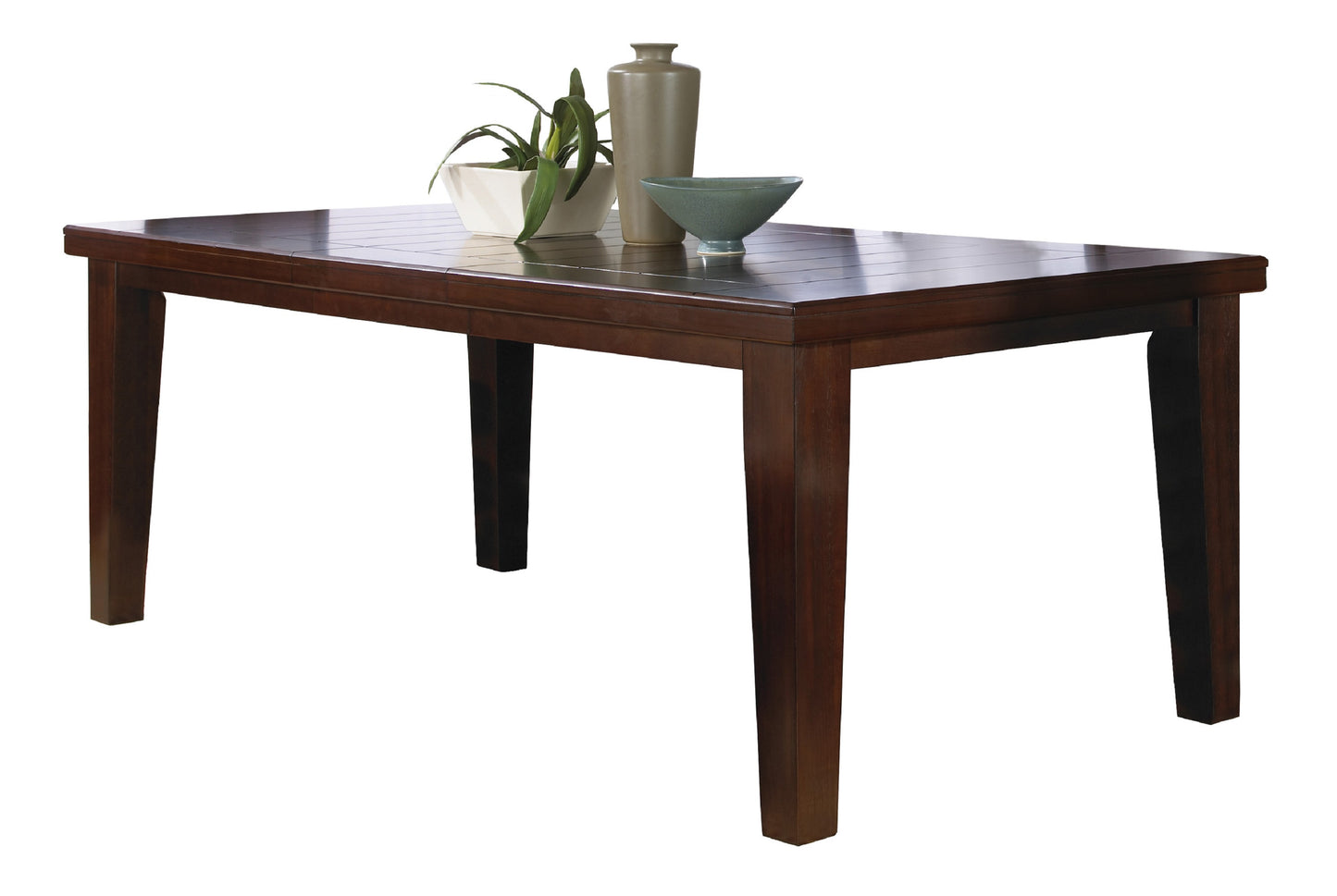 Dark wood dining table with slatted surface and square legs