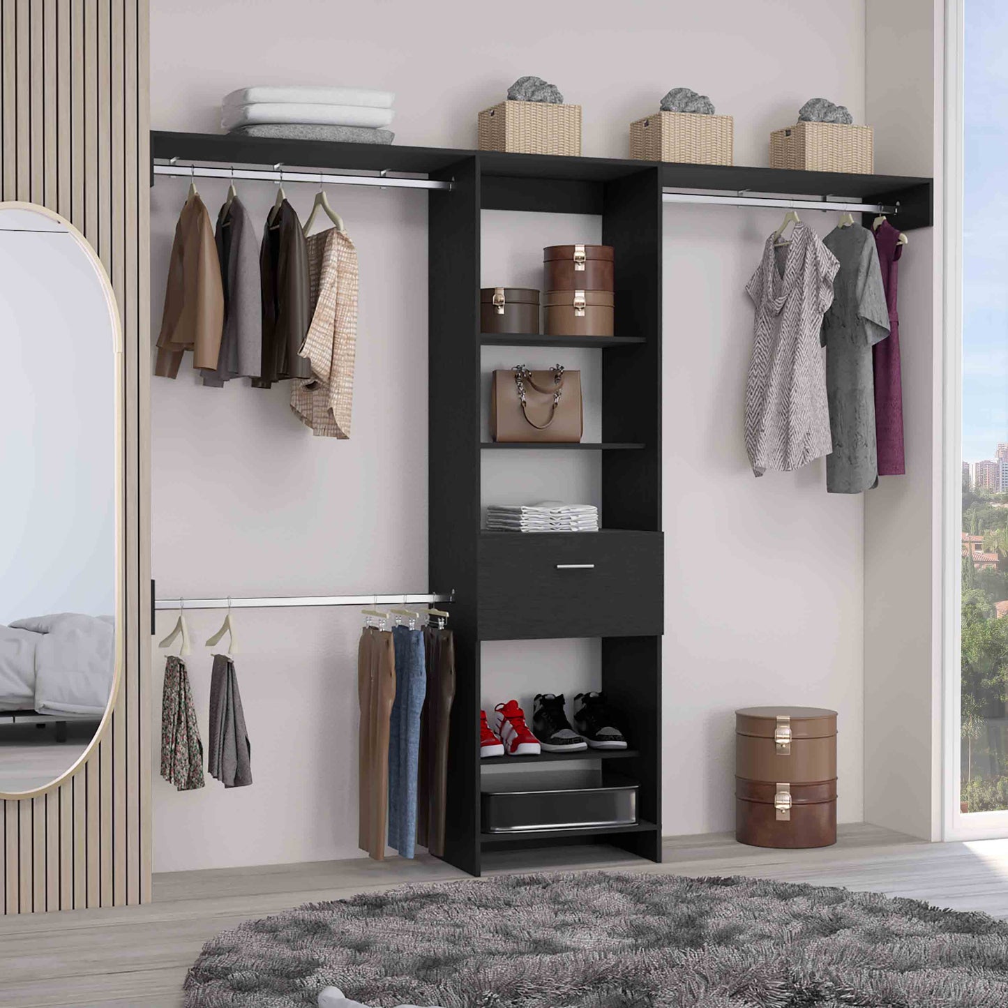 Black modular closet system with hanging clothes shoes and storage boxes