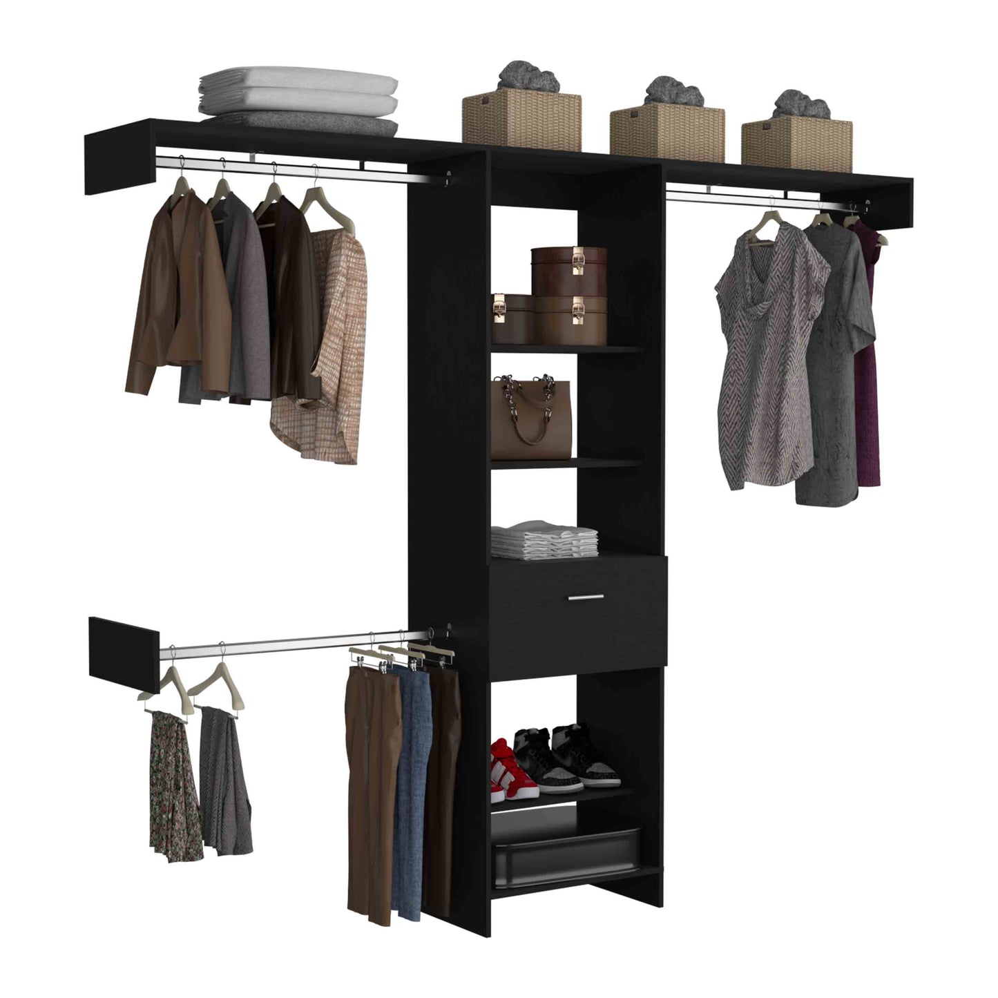 Modern black closet system with hanging clothes shoes and accessories