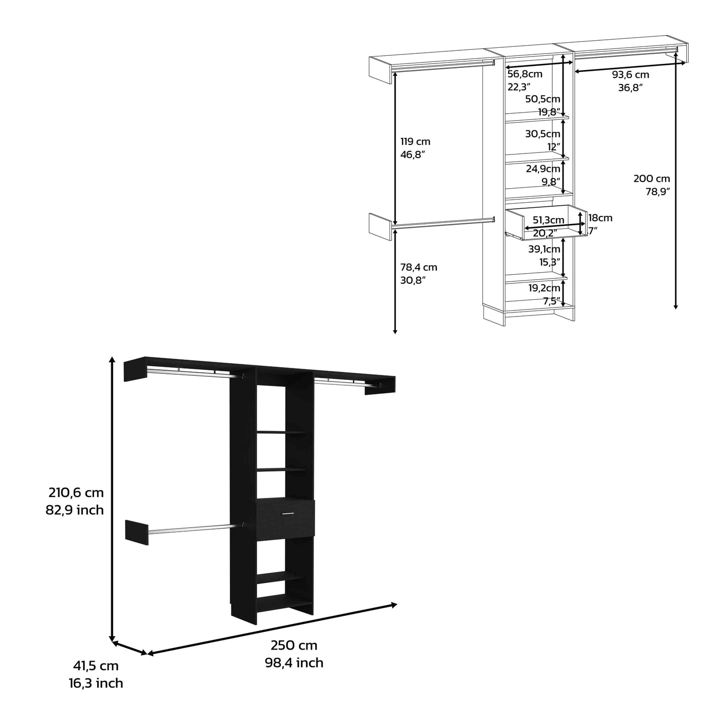 Black modular closet system with hanging rods and shelves