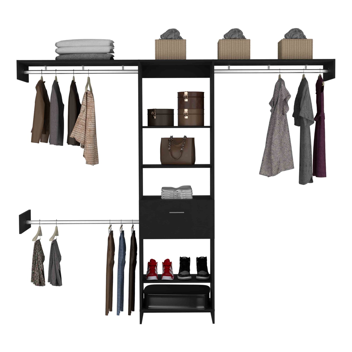 Stacked grey and white towels on black shelf