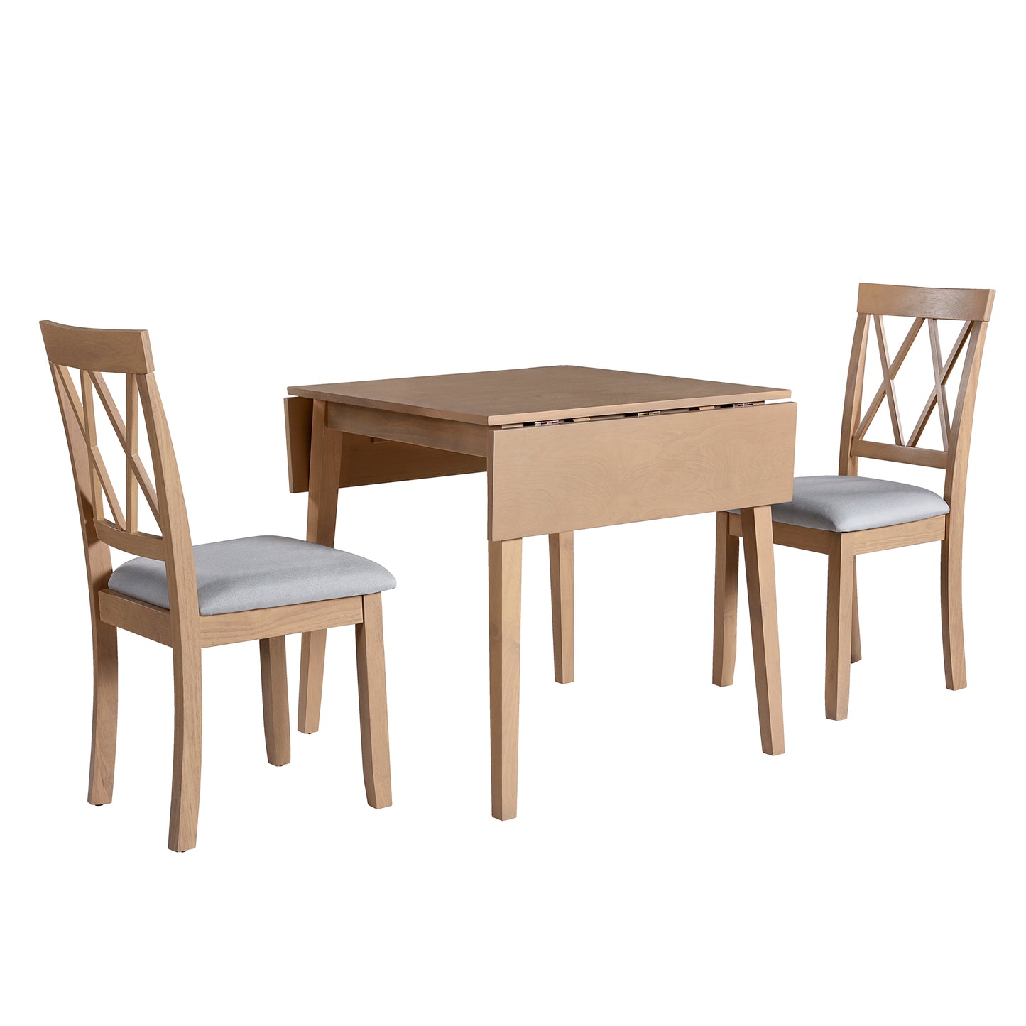 Light oak dropleaf dining table with two grey upholstered chairs