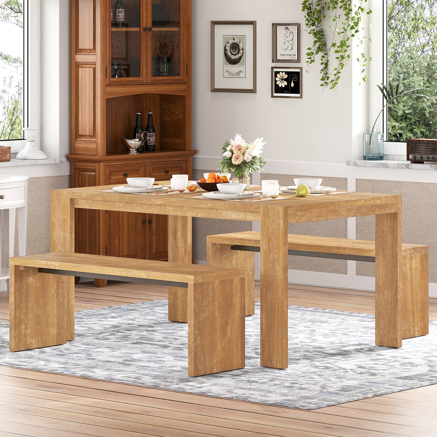 Wooden dining table and bench set with a rustic finish