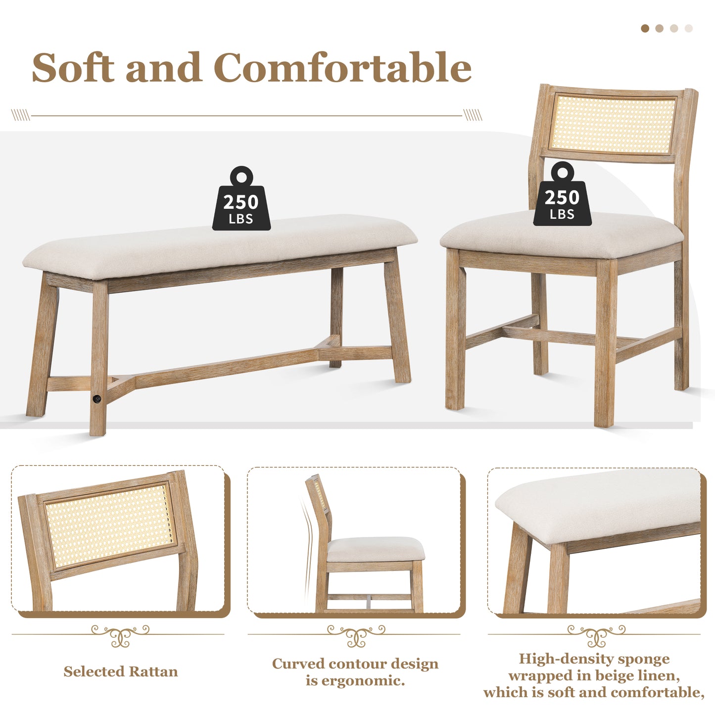 Wooden bench with upholstered seat and rattan back chair