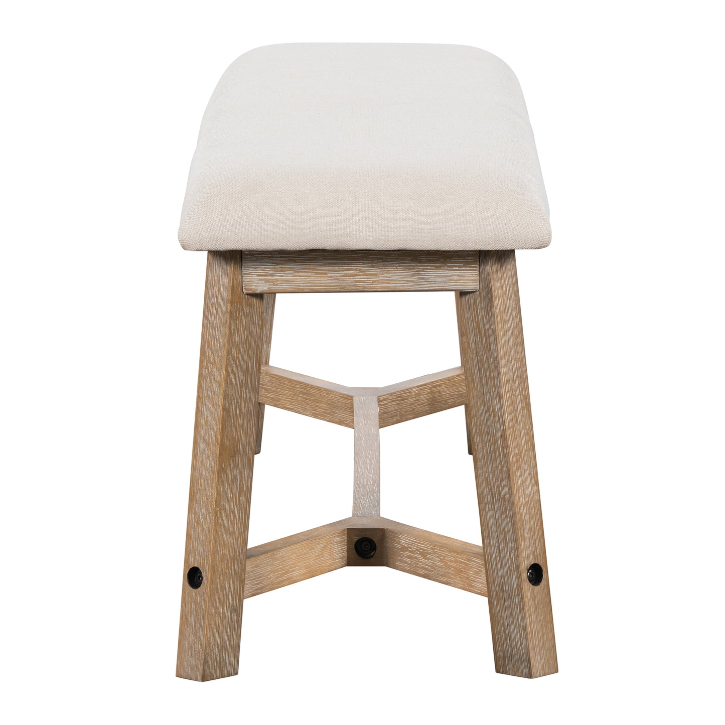 Beige upholstered wood stool with natural wood grain legs
