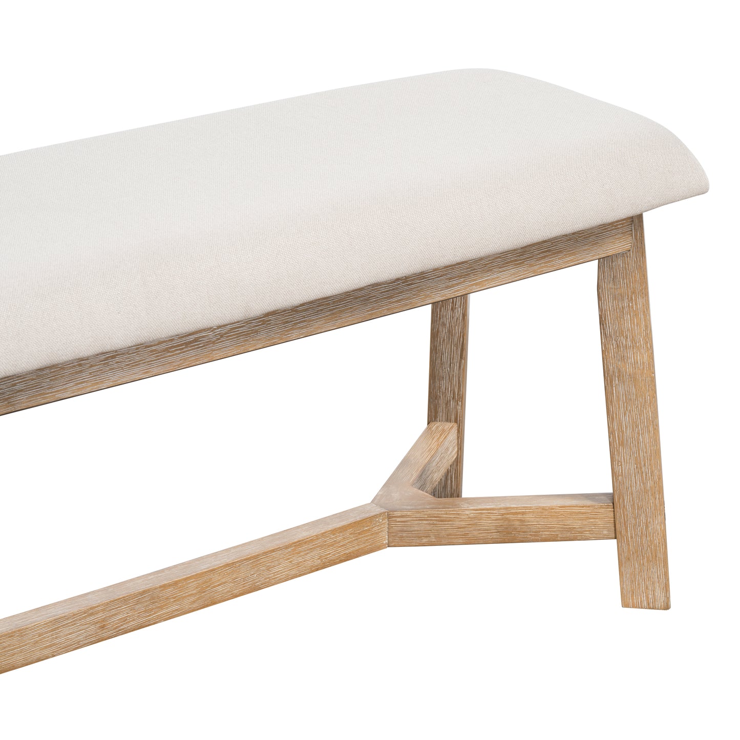 Upholstered linen bench with distressed wood legs