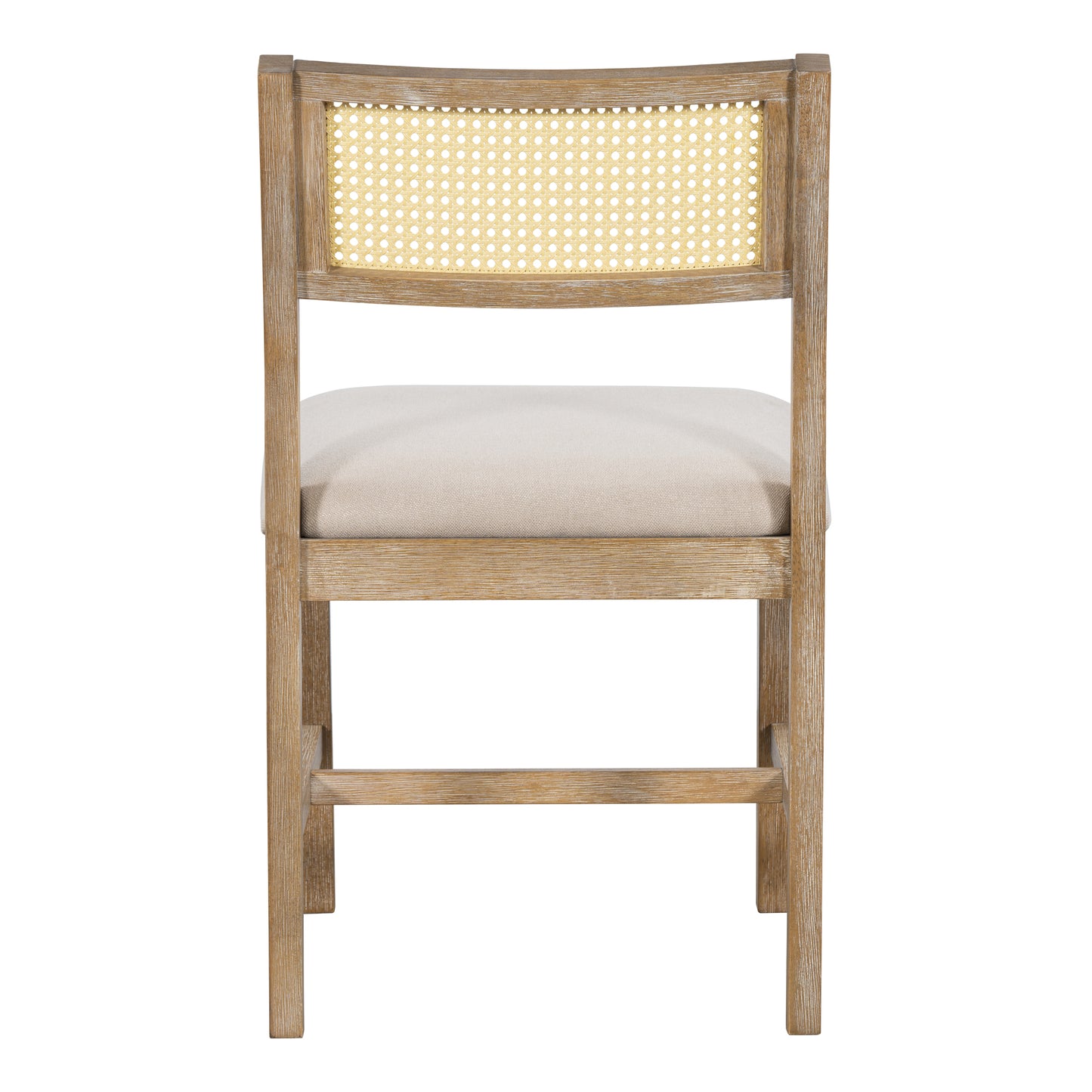 Light brown wood frame cane back chair with cream upholstered seat