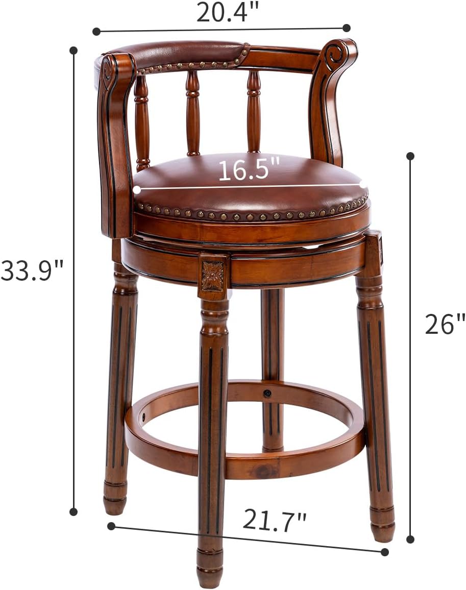 Brown faux leather swivel bar stool with wood frame
