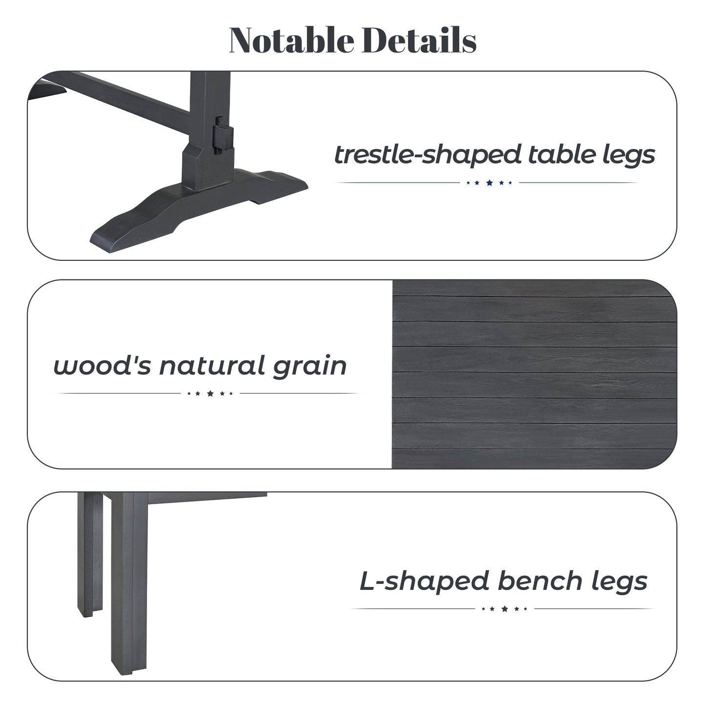 Dark gray trestleshaped table legs with a wide base