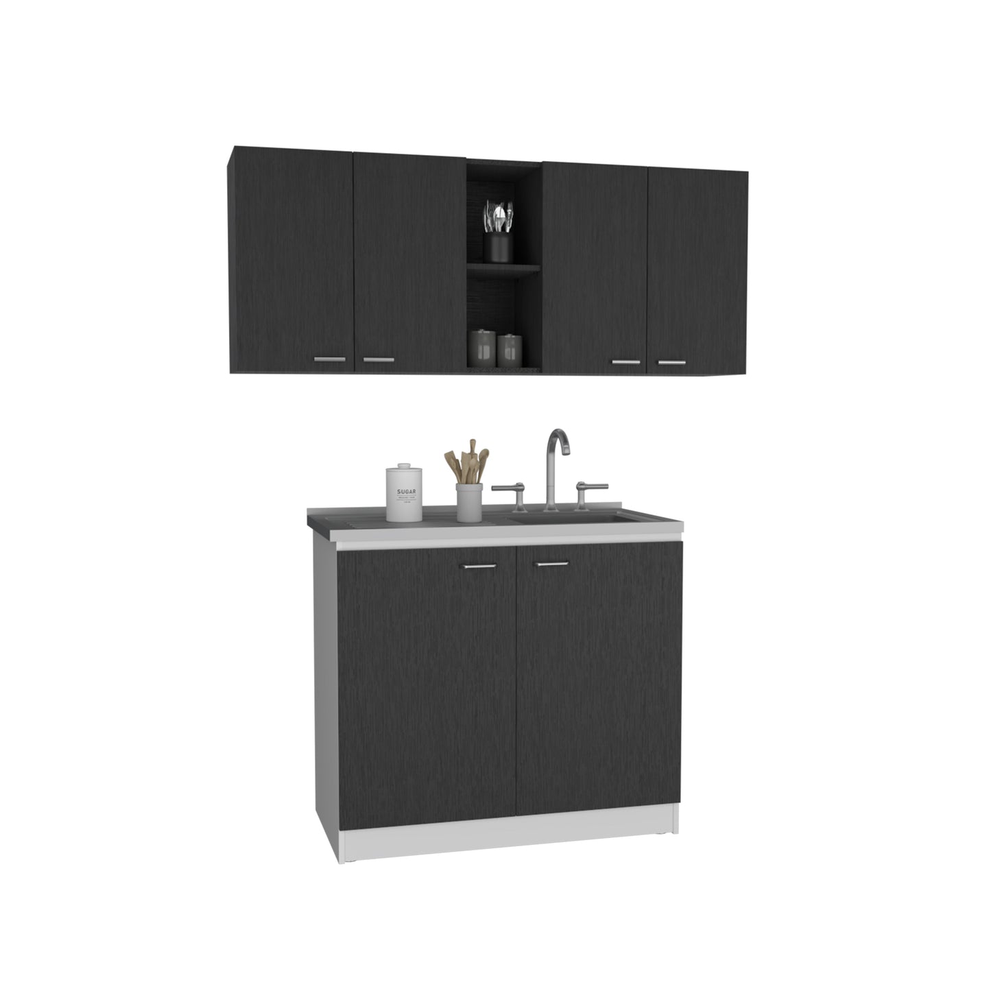 Dark gray wood grain kitchen cabinet set with silver handles
