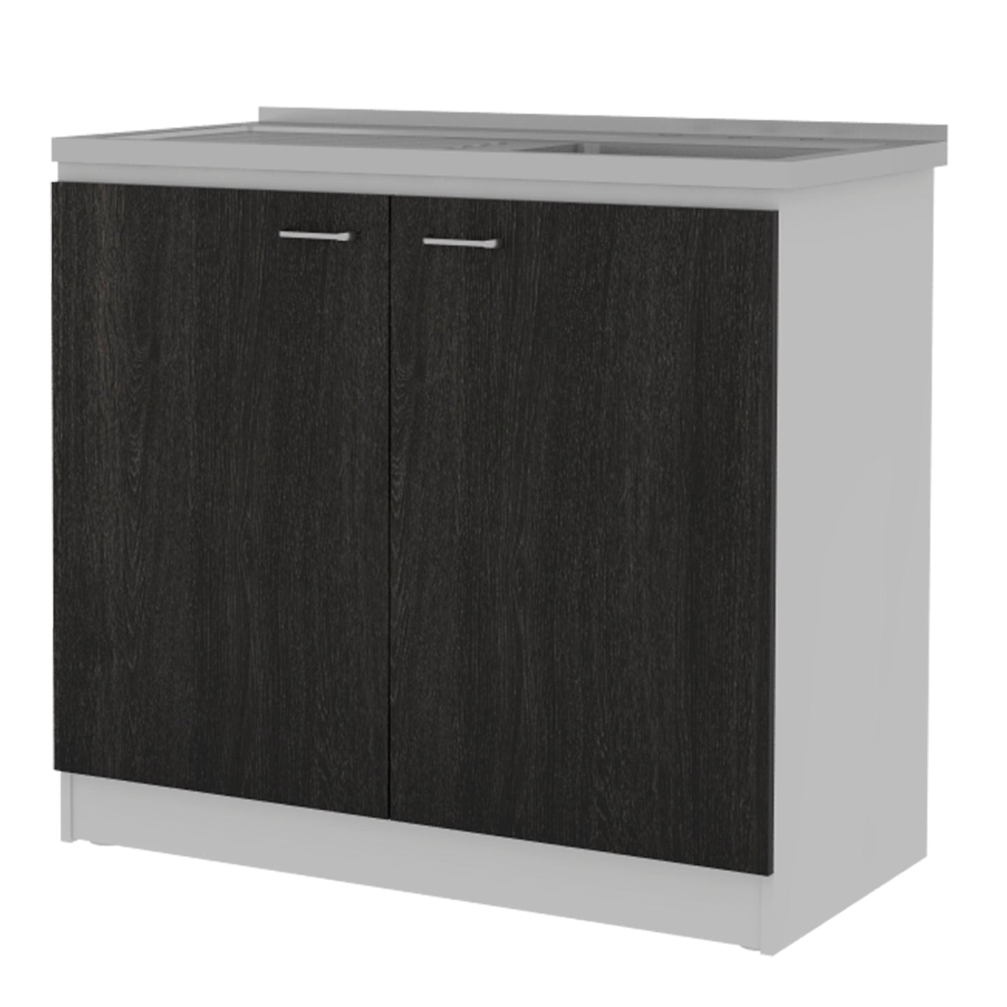 Dark wood modern bathroom vanity cabinet with silver handles