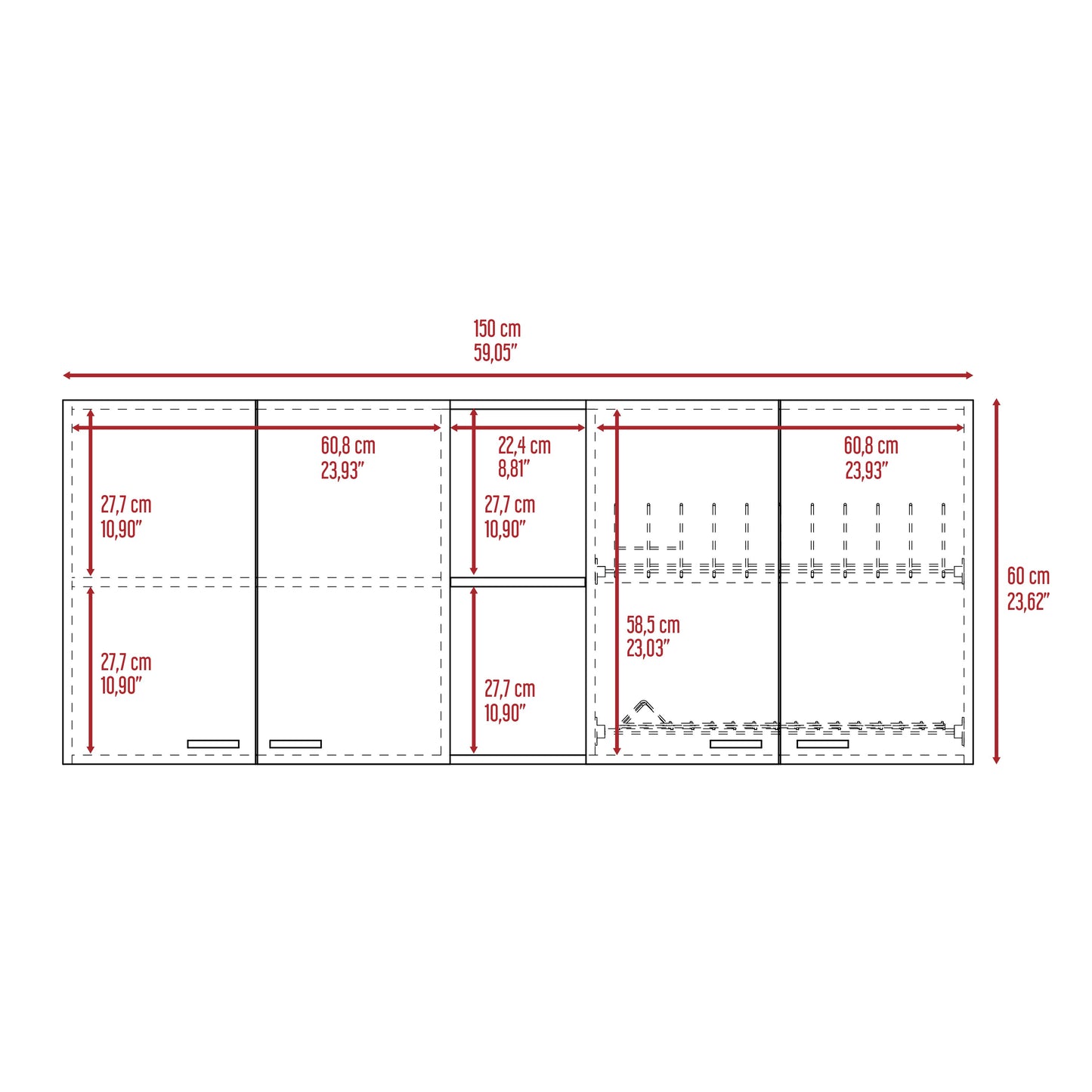 Technical drawing of a modular cabinet showing dimensions