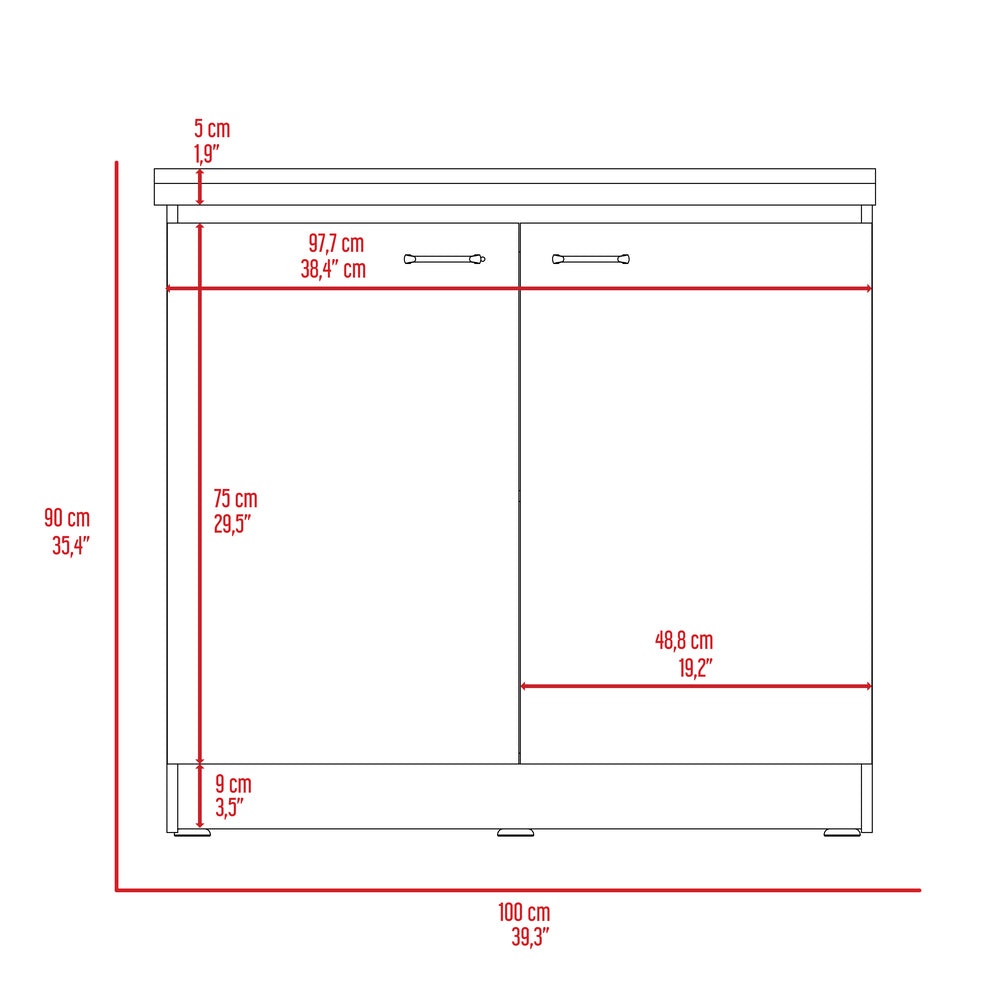 Line drawing of a white cabinet with dimensions