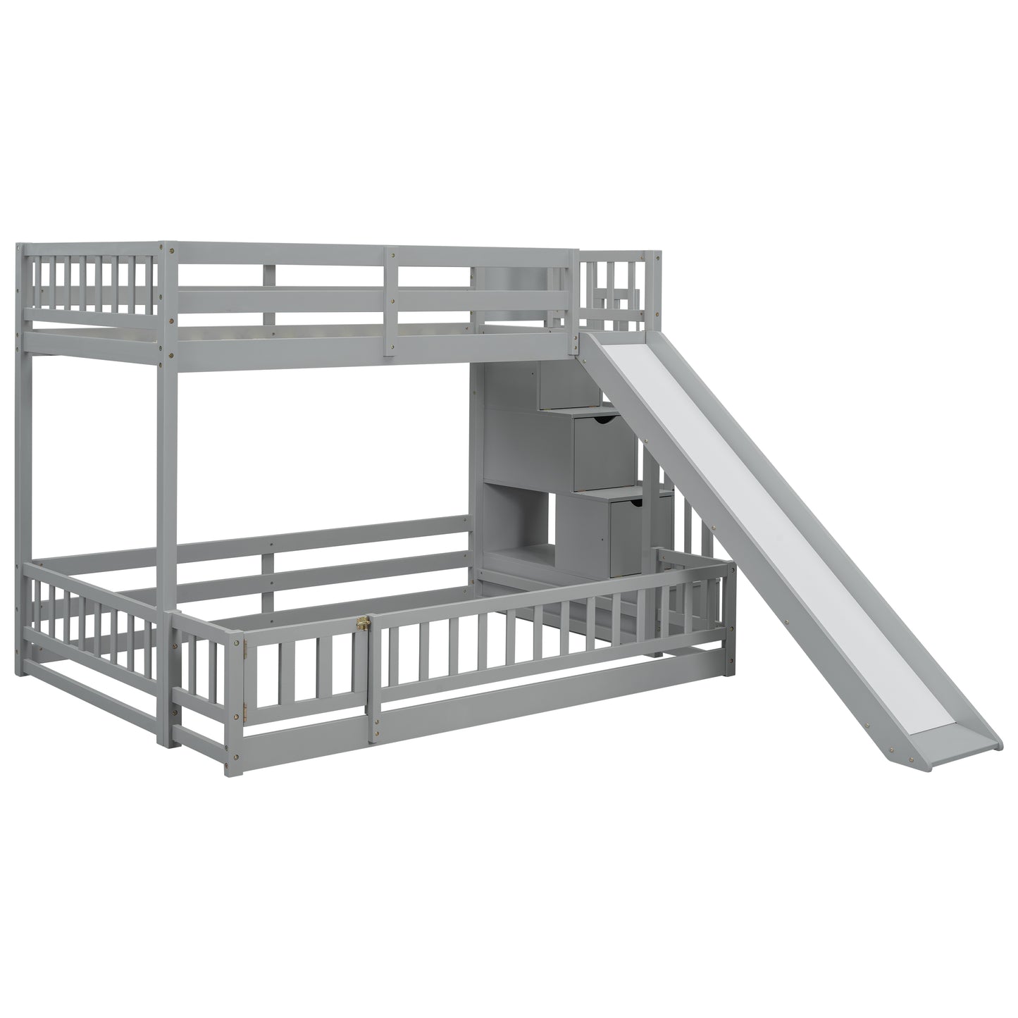 Grey wooden bunk bed with slide and stairs