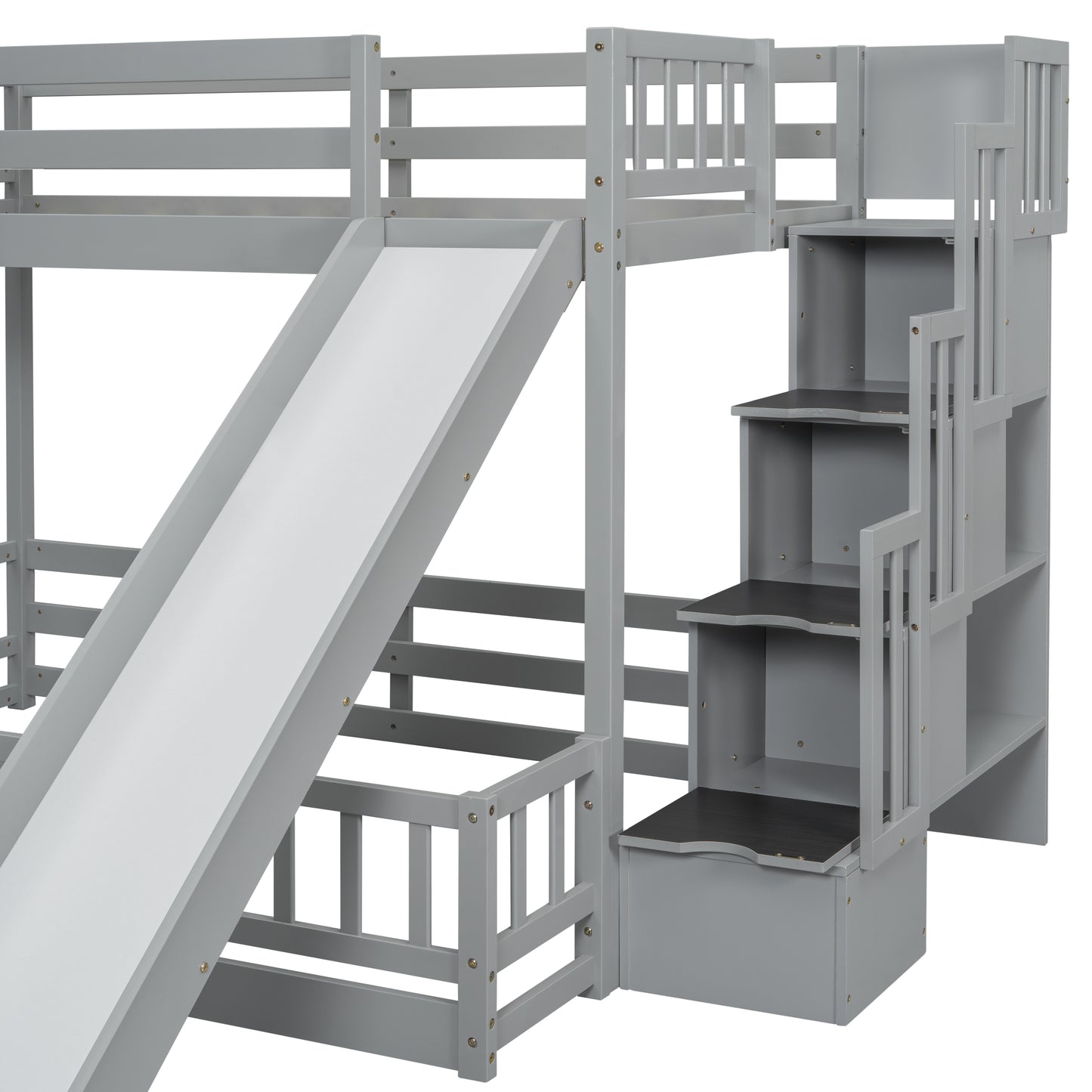 Grey wooden loft bed with slide