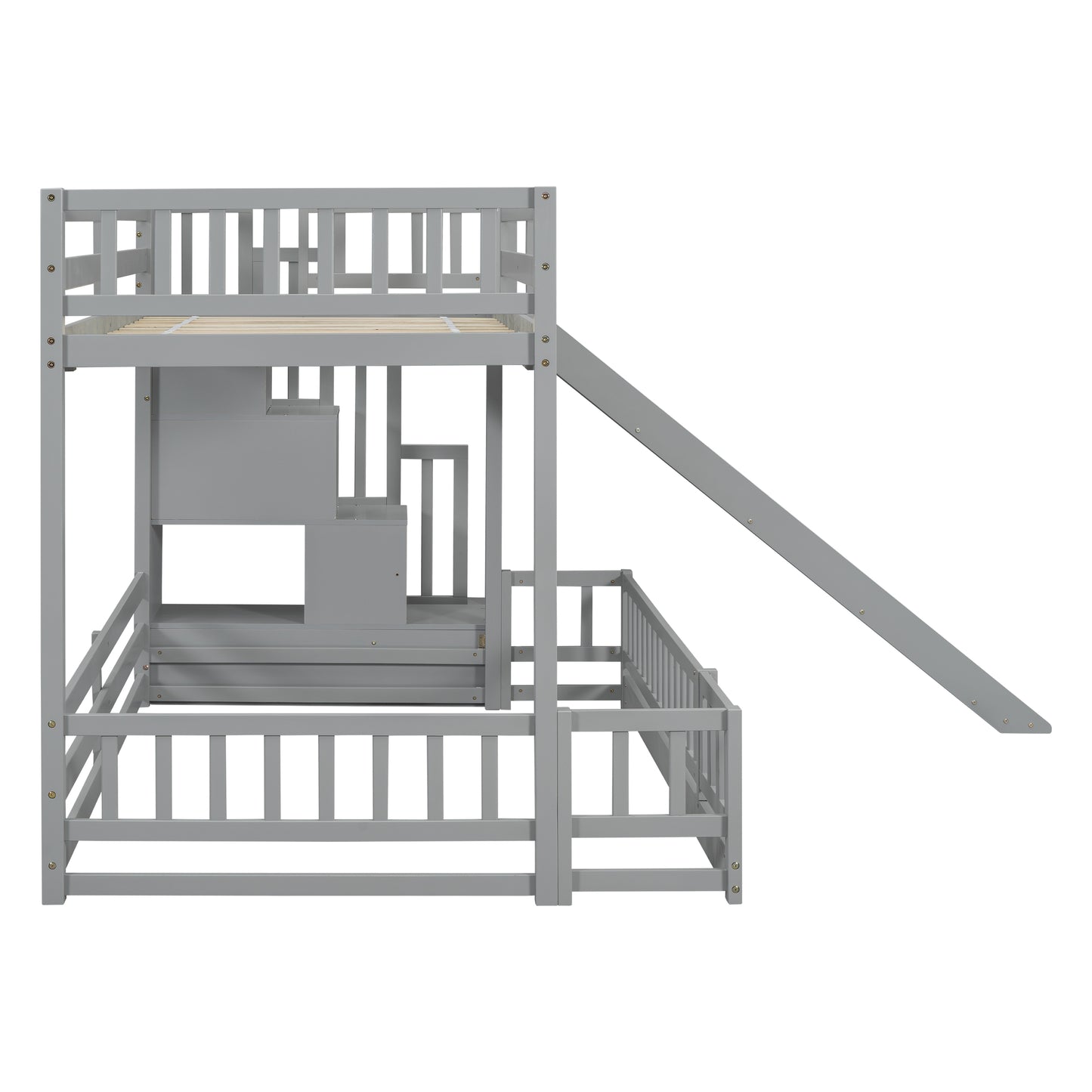 Gray wooden bunk bed with stairs and slide