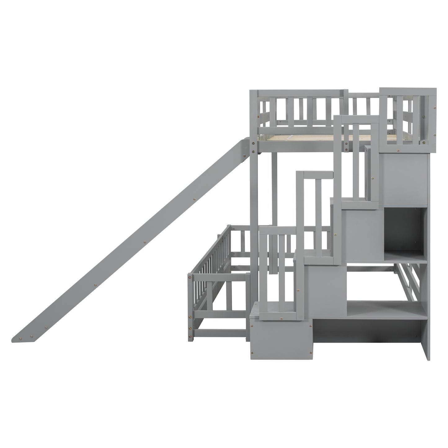 Gray wooden loft bed with slide and stairs