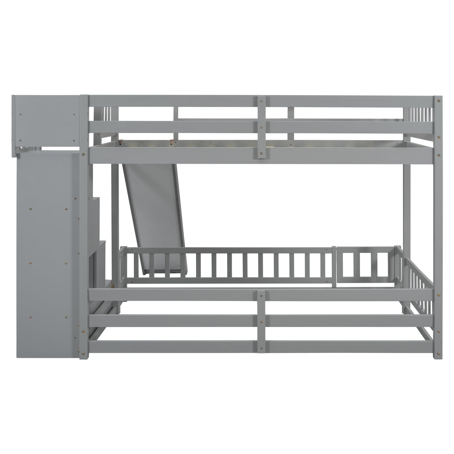 Gray wooden bunk bed with slide and storage stairs