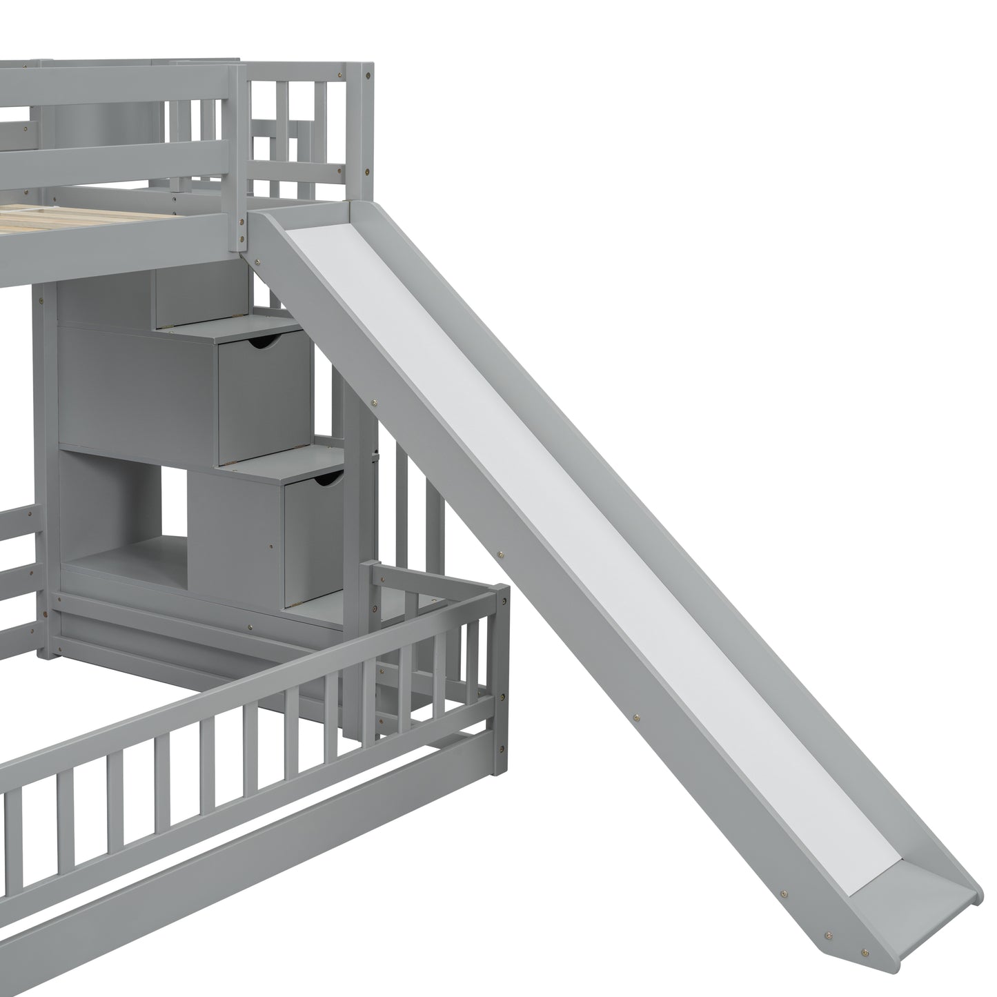 Gray wooden bunk bed with attached slide and drawers
