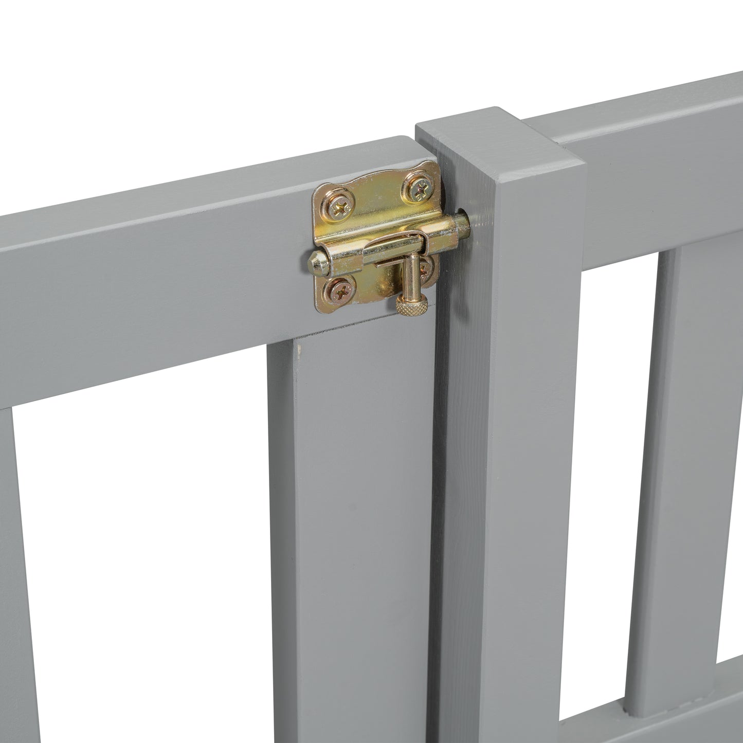Gray wooden pet gate latch detail