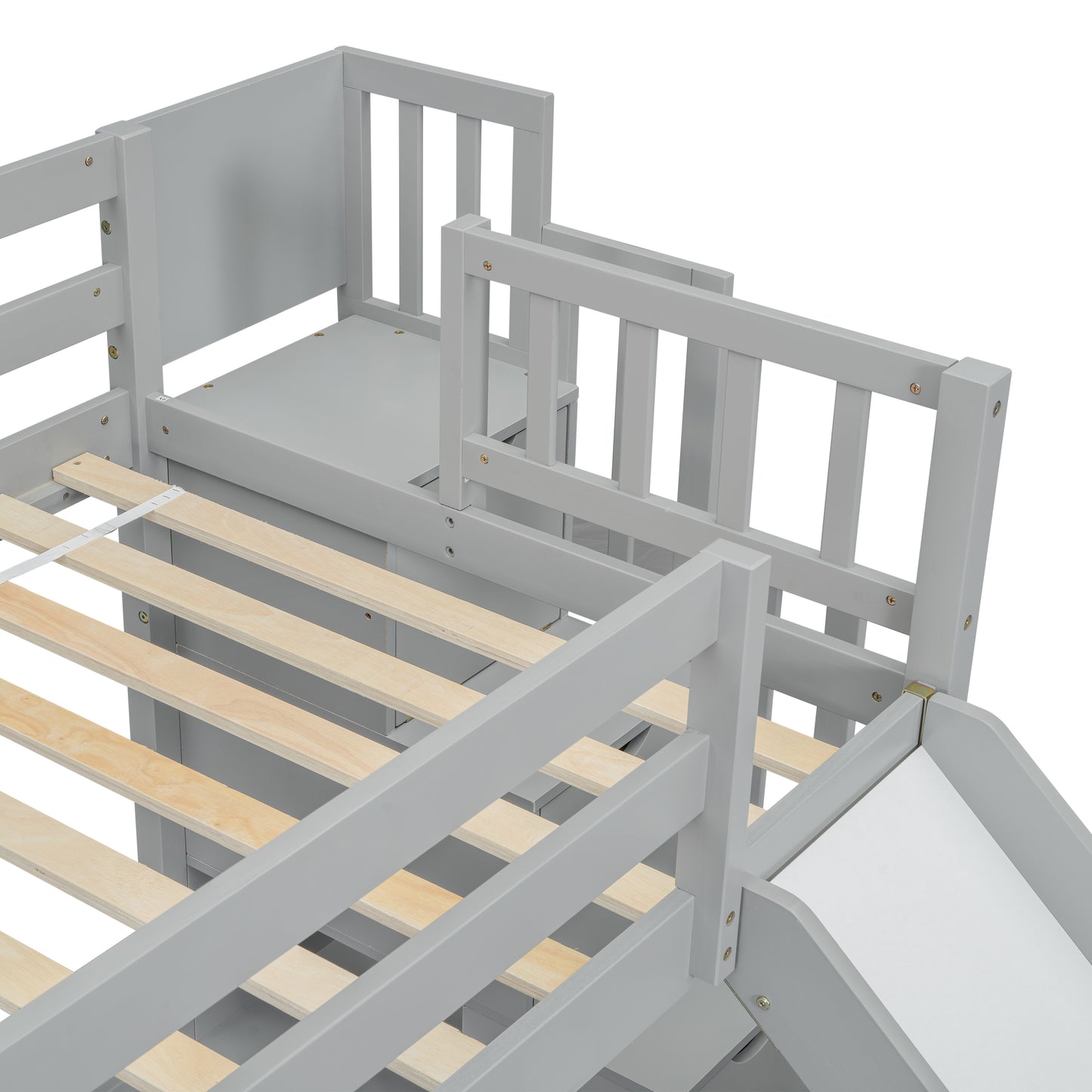 Gray wooden bunk bed frame with slide and ladder