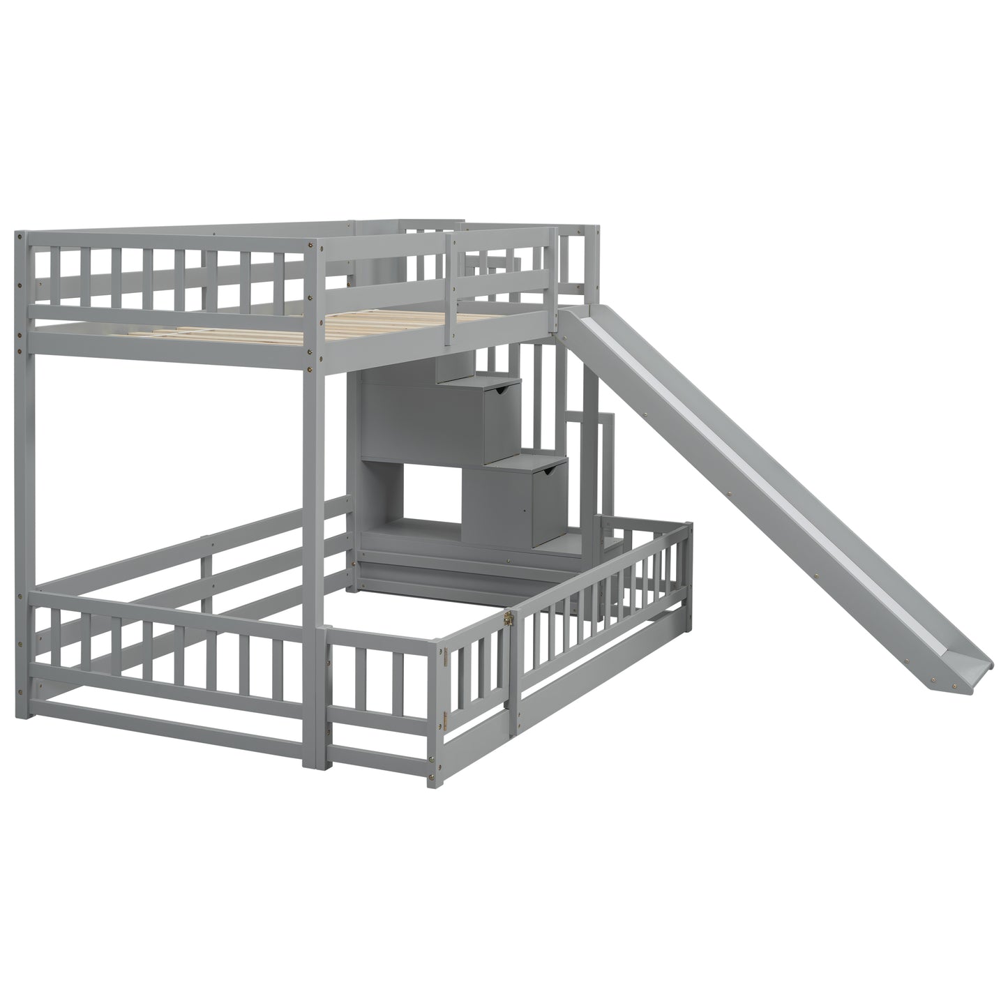 Gray wooden bunk bed with slide and storage stairs for kids