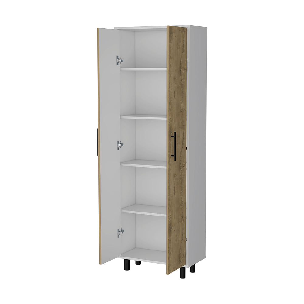 White and wood grain tall storage cabinet with open doors and shelves