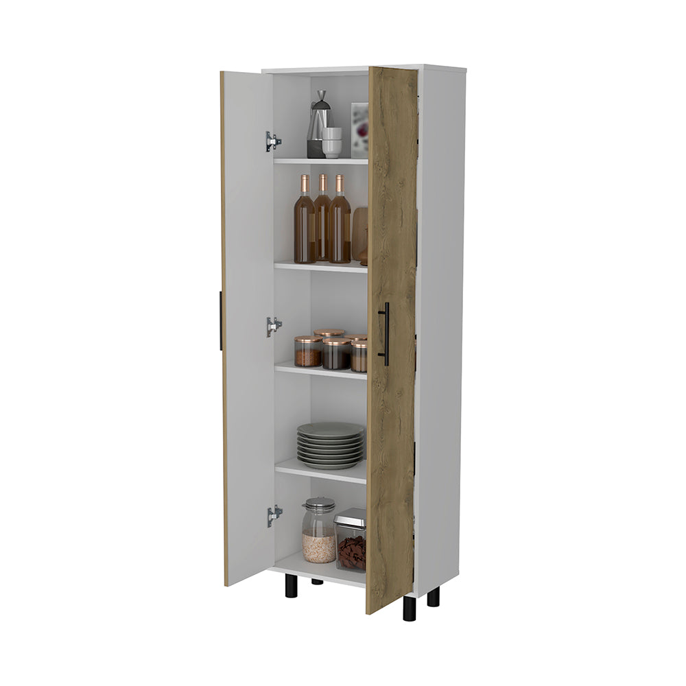 Tall white pantry cabinet with rustic wood accent