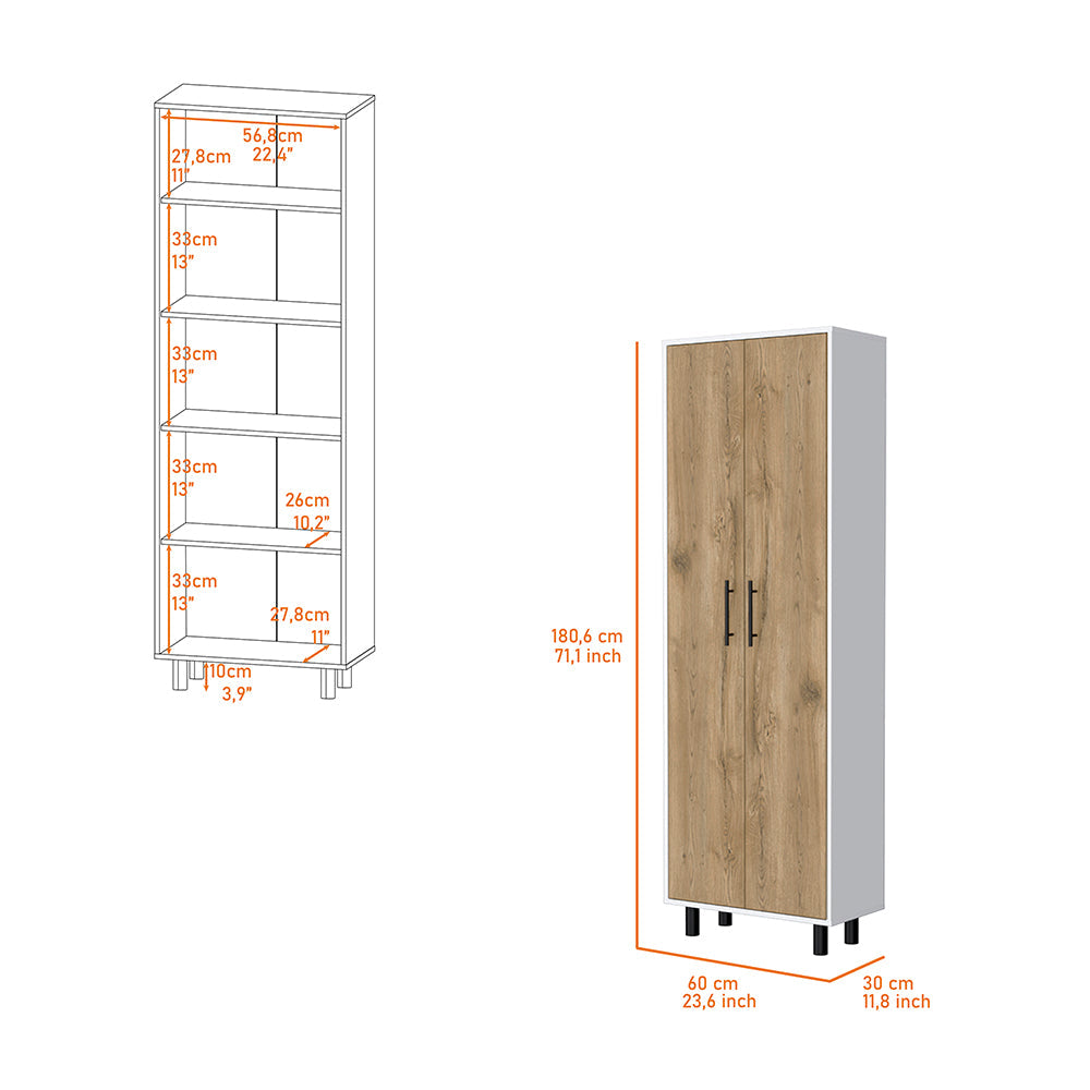 Tall white and wood narrow cabinet with two doors