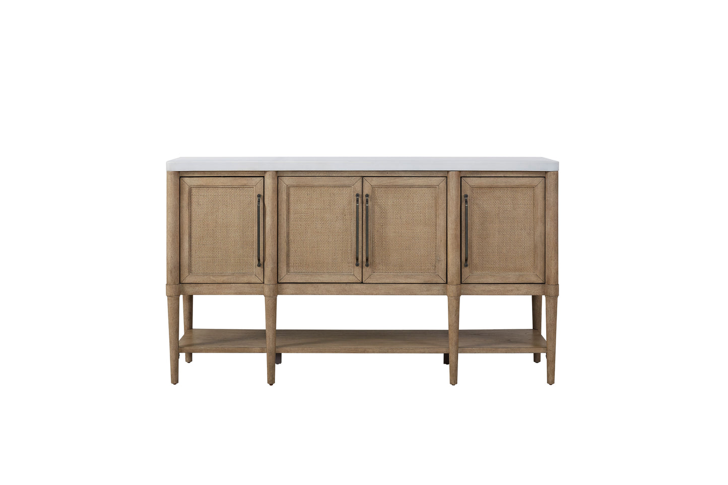 Light oak credenza with rattan doors and a white marble top
