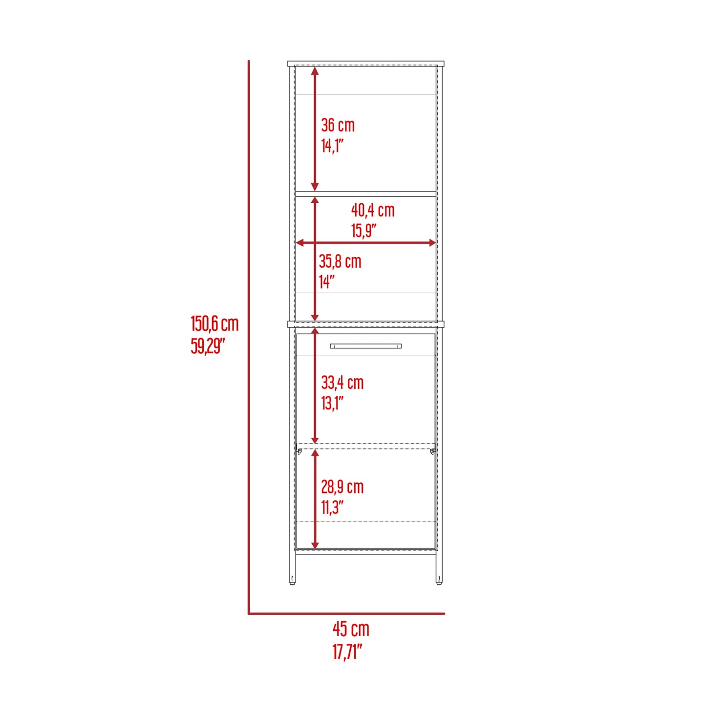 Modern white storage cabinet with open shelves and one drawer cm height