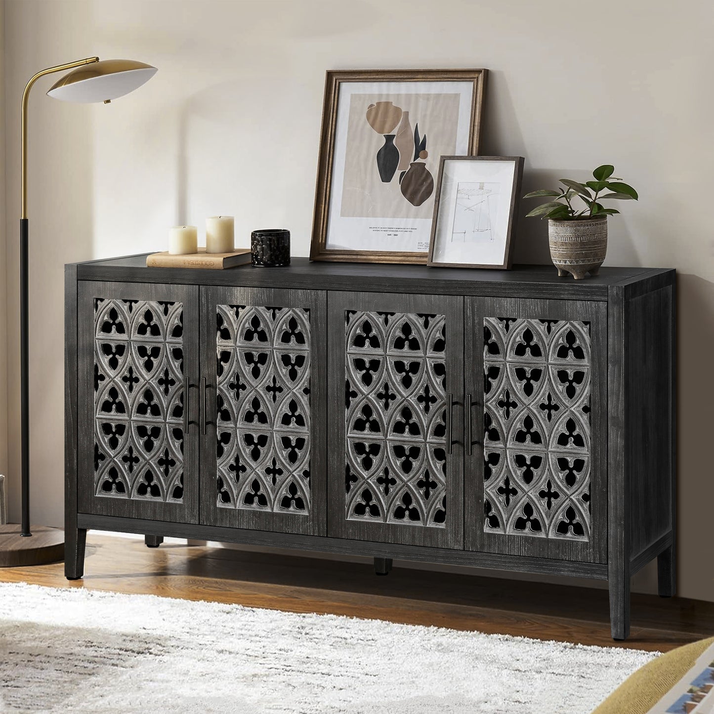 Dark gray rustic sideboard with intricate carved doors
