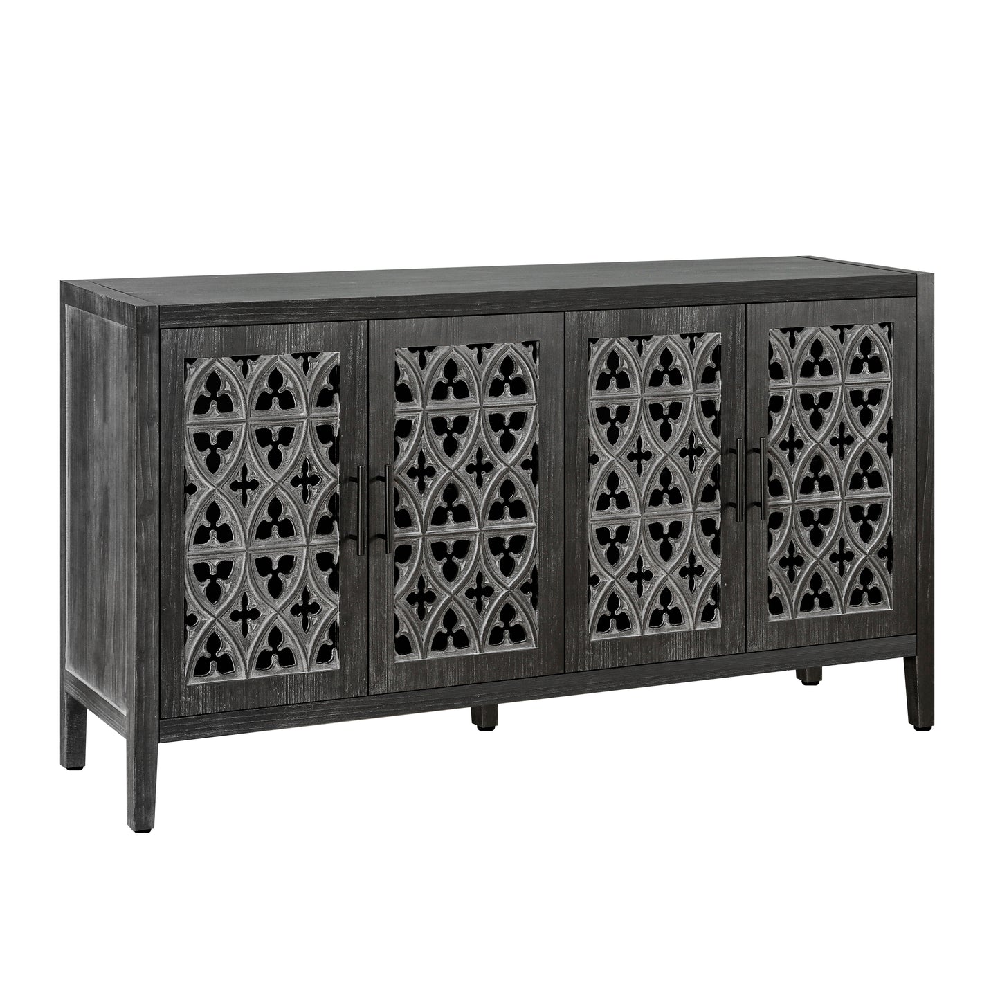 Dark grey distressed wood sideboard with intricate carved doors
