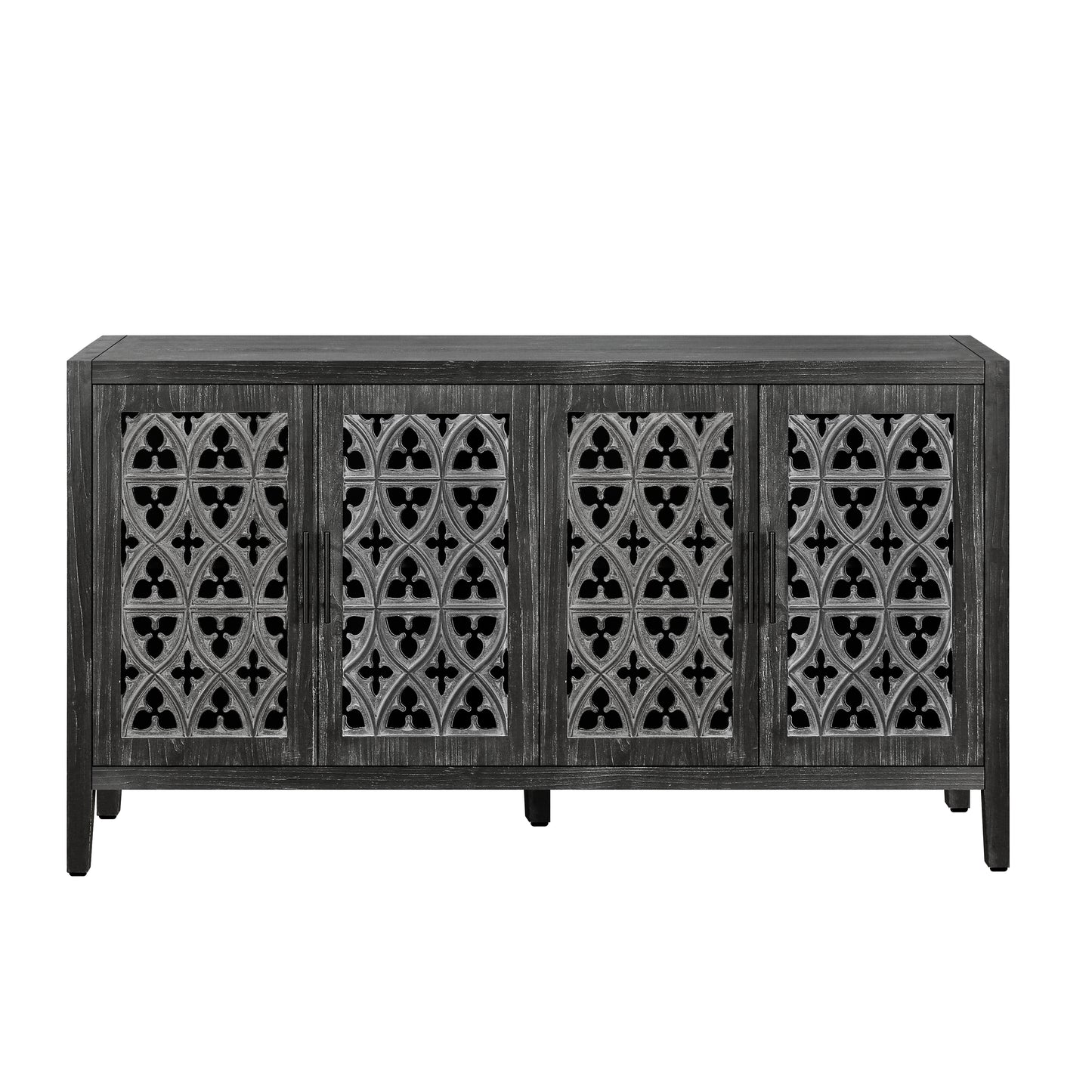 Dark grey reclaimed wood sideboard with ornate carved doors for storage