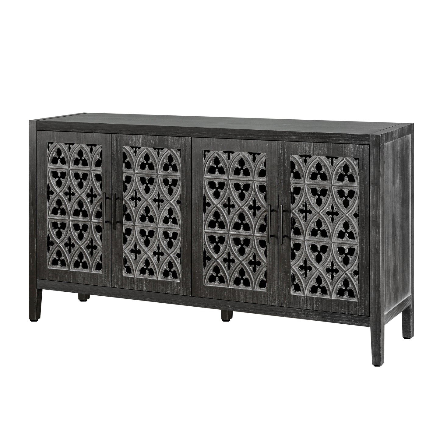 Dark gray fourdoor sideboard with ornate carved metal inserts