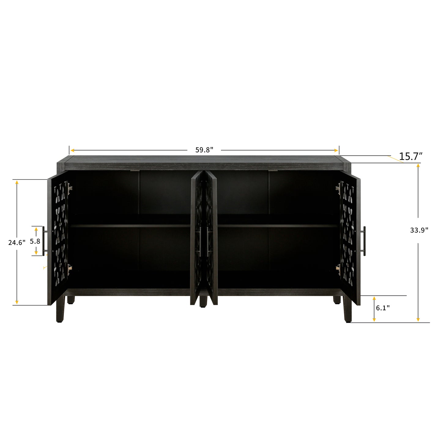 Dark gray sideboard with carved doors and open compartments W x H