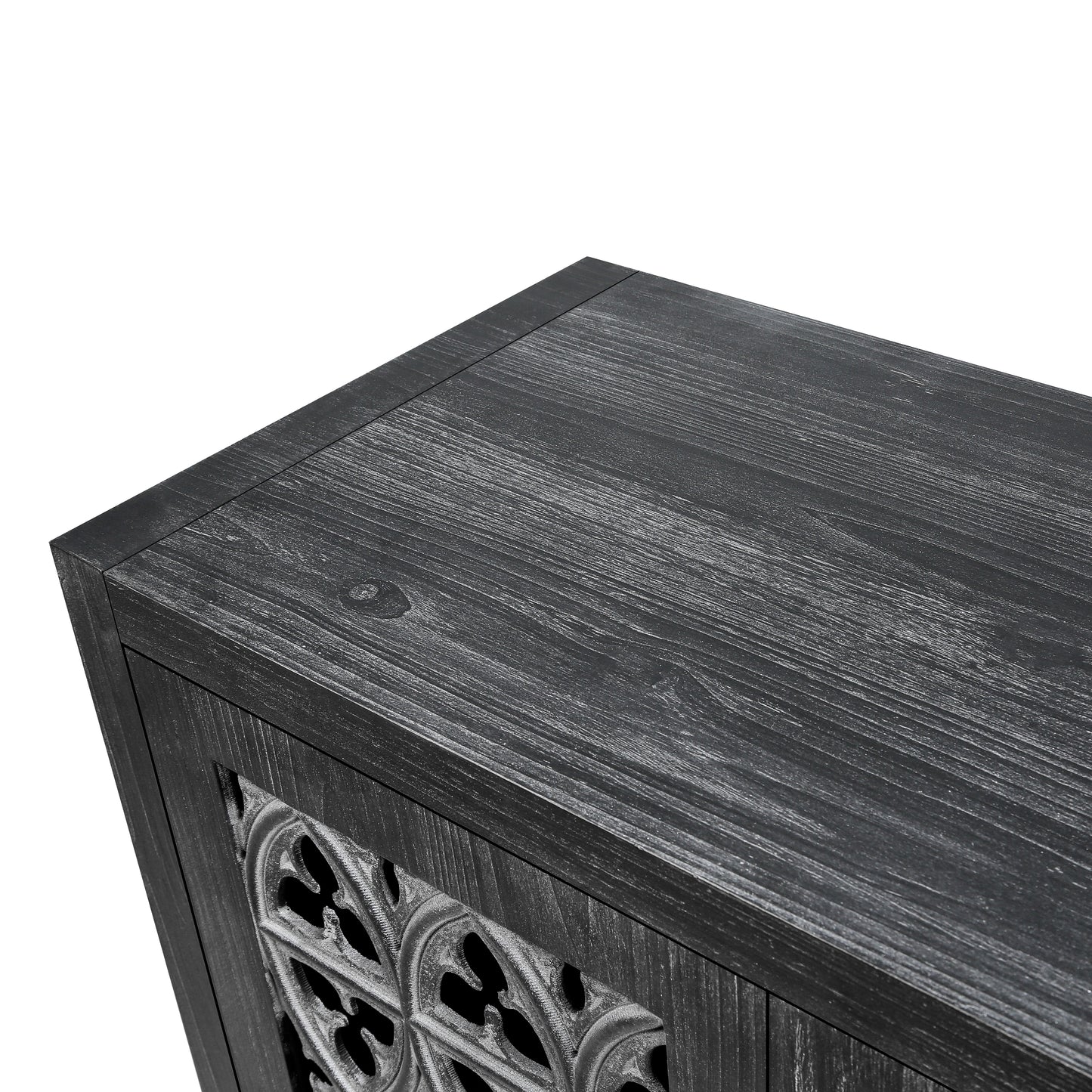 Dark grey wood cabinet top with distressed finish