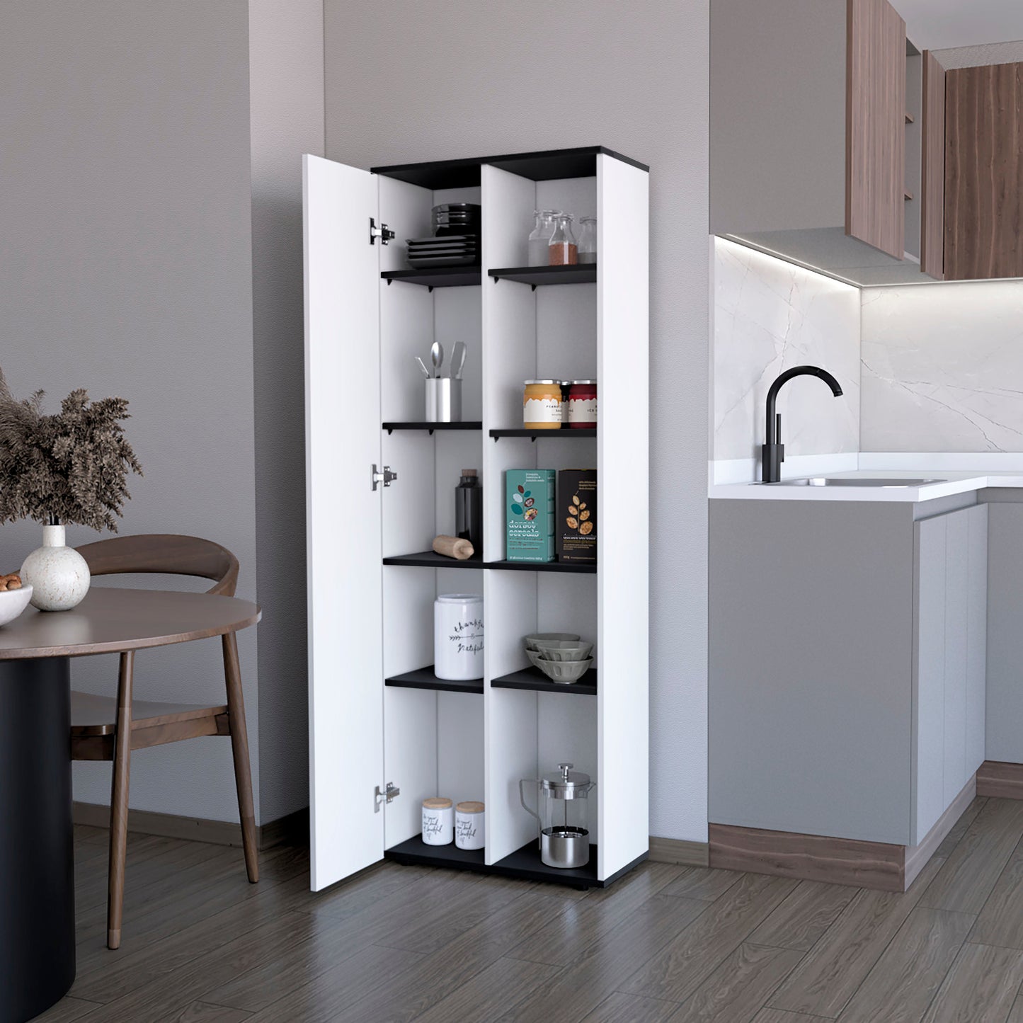White and black modern kitchen pantry cabinet with open doors showcasing shelves