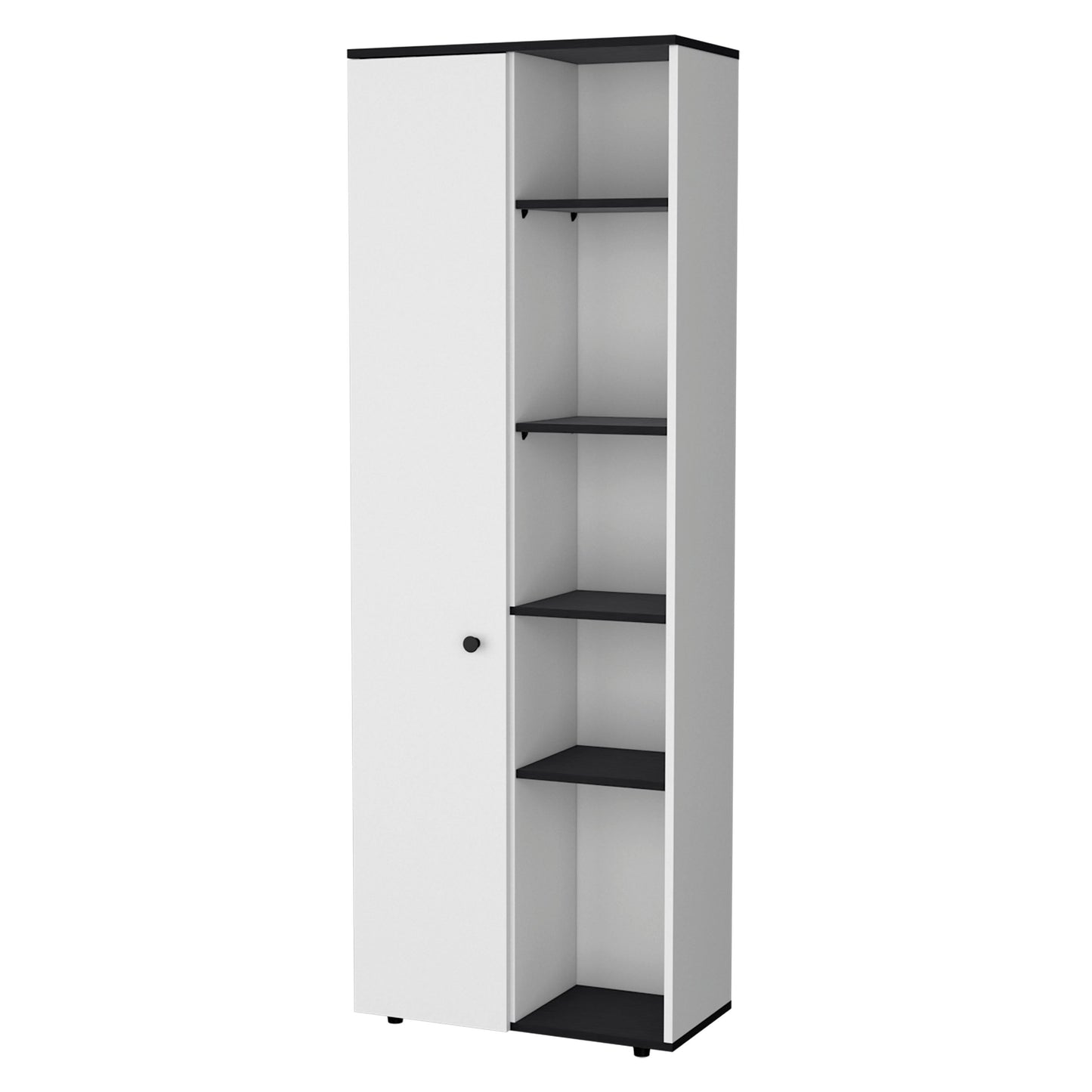 Tall white cabinet with black shelves and a single black door