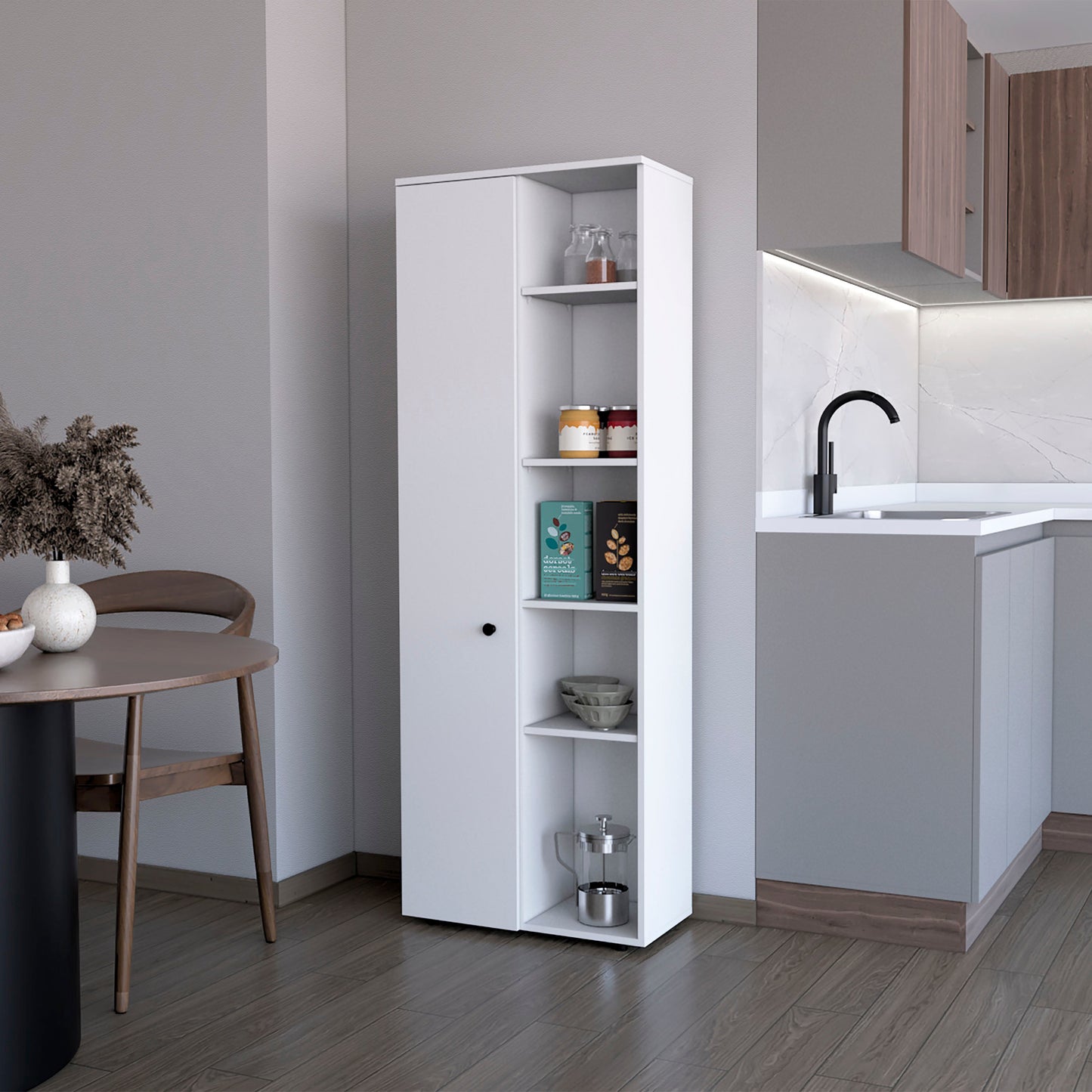 White narrow kitchen cabinet with open shelves perfect for pantry storage