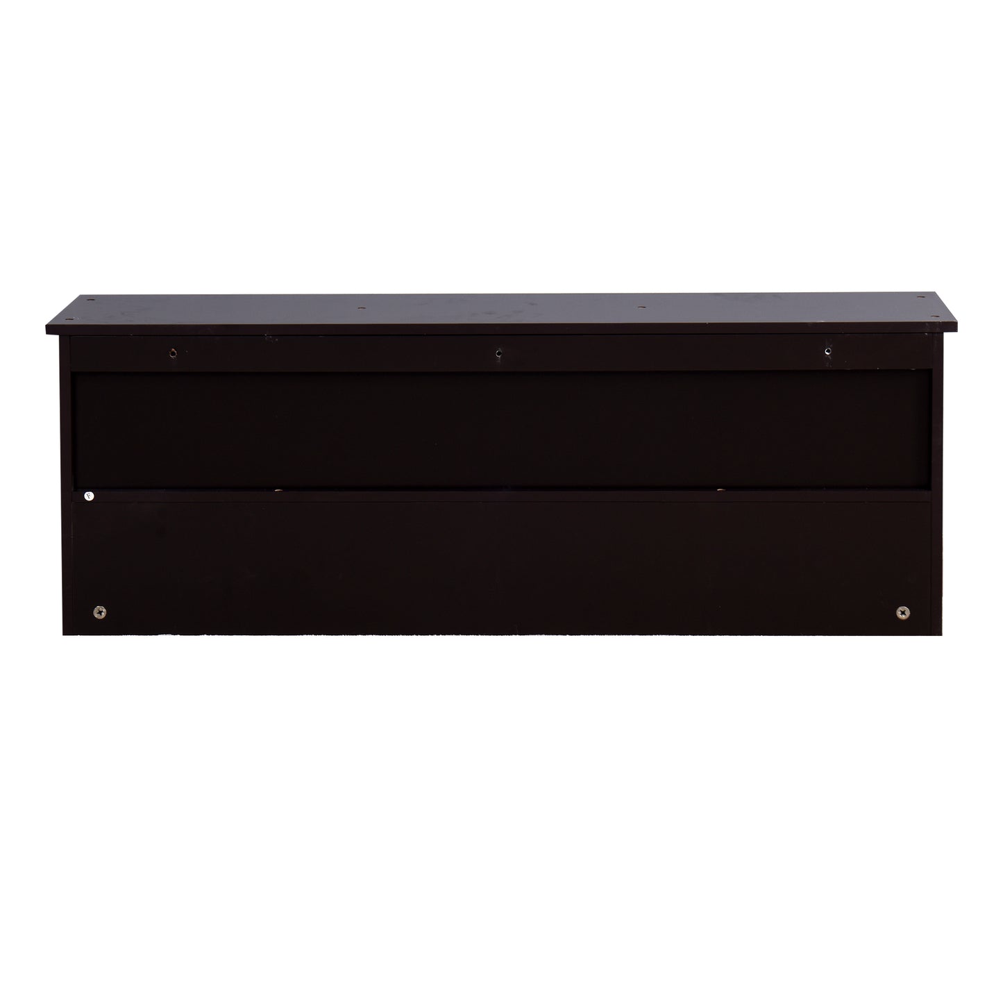 Dark brown wooden shoe rack with slatted front