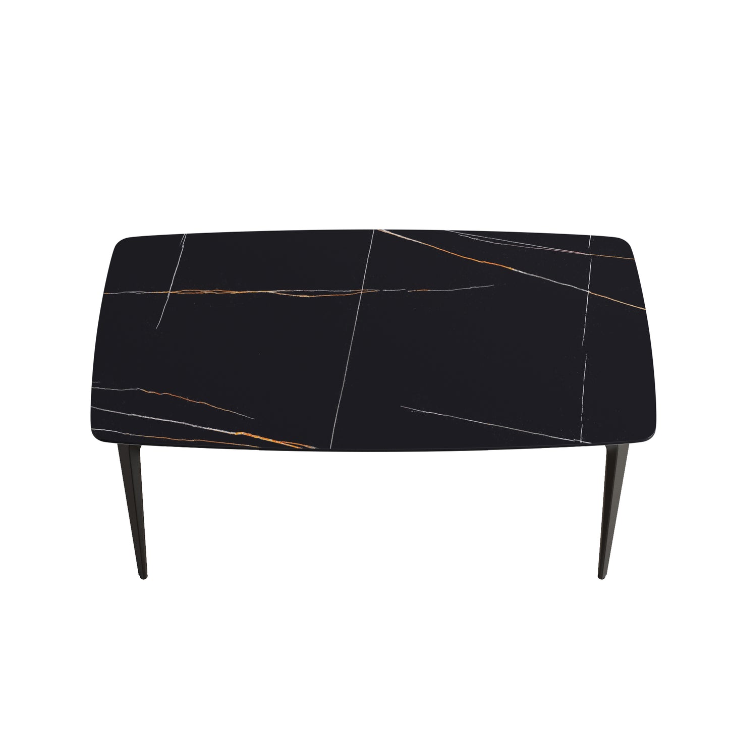 Black marble top coffee table with thin gold and silver veining and tapered dark legs